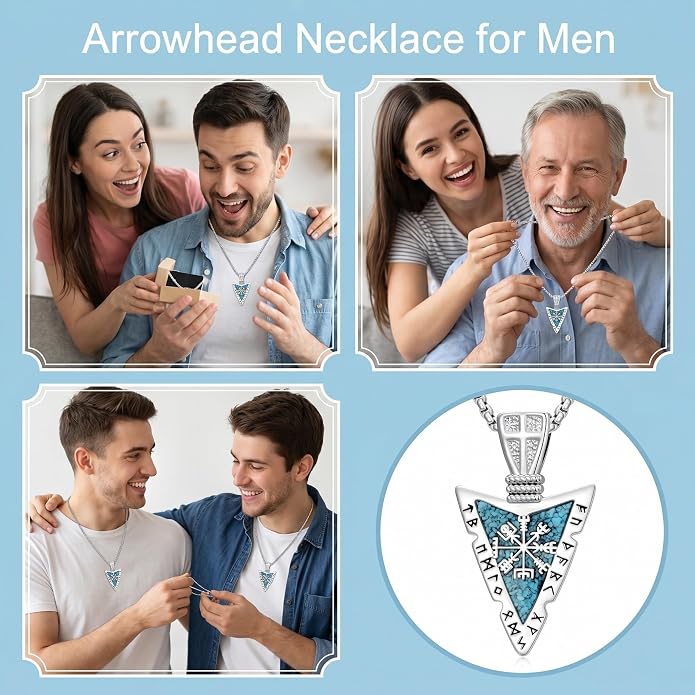 Viking Turquoise Arrowhead Necklace for Men Celtic/Evil Eye/Ankh/Valknut/Compass Arrow Head Pendant Fathers Day Birthday Gifts