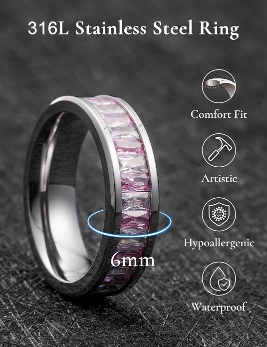 King Will 6mm 316L Stainless Steel Eternity Ring for Women, Colorful Baguette-Cut Cubic Zirconia Stackable Band, Pipe Cut Anniversary Engagement Ring Comfort Fit, Size 6-10