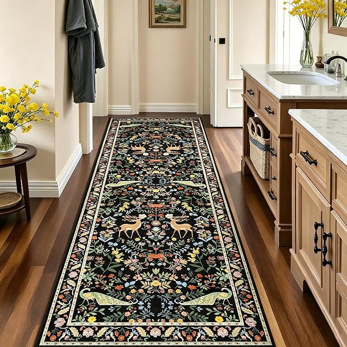 2x6 Black Bathroom Rugs - Washable Floral Runners for Kitchen Floor, Hallway, Low Pile & Soft Non Slip Bedroom Carpet with Rubber Backing, Dark Botanical & Animal Decor