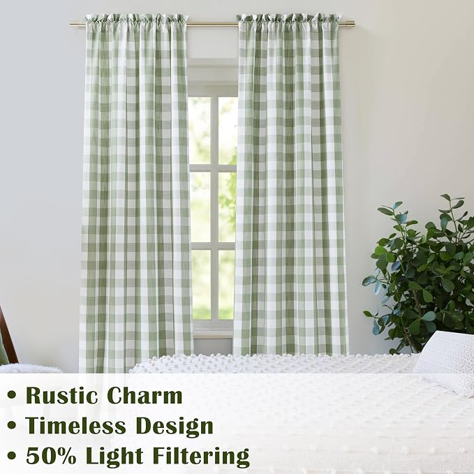 Sage Green White Buffalo Plaid Semi Sheer Curtains 90 Inch Length | Extra Long Living Room Drapery,Farmhouse Window Treatment for Bedroom Living Room,Rod Pocket,52"Wx90"L(Pack of 2)