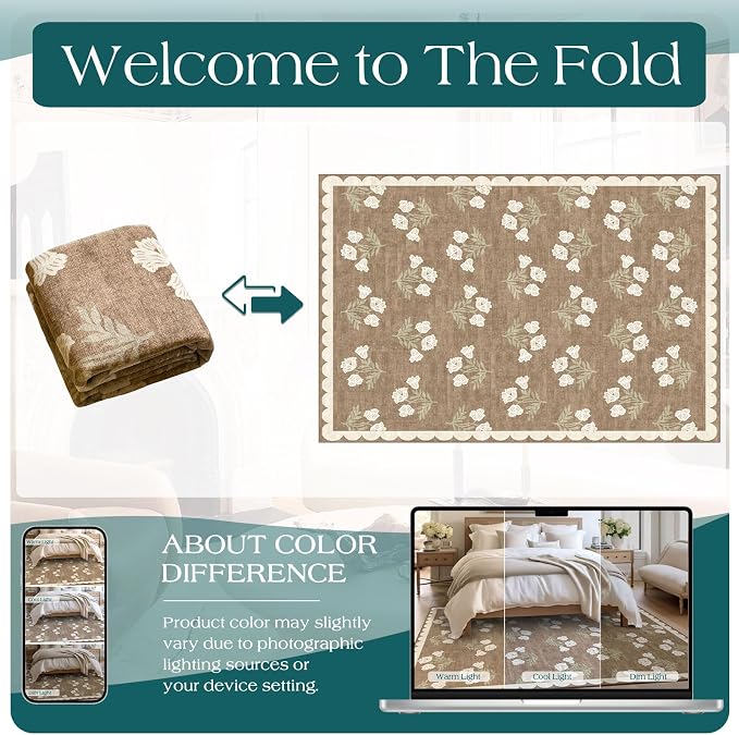 Boho Tan Living Room Rug 6x9 - Soft Washable Floral Neutral Farmhouse Scalloped Bedroom Area Rug Stain Resistant Dining Room Rugs for Under Table Non Slip Rugs for Bedroom Living Room Decor