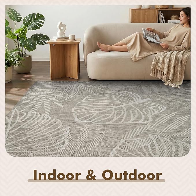 MontVoo-Outdoor Rug-Patio Rug 5x7 ft Polypropylene Indoor Outdoor Rugs Outdoor Carpet for Patio Deck Balcony Porch, Textured Weave, Durable for High Traffic, Fade-Resistant, Tropical Silver Grey