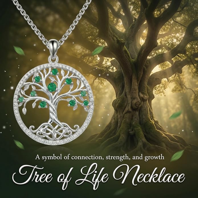 ONEFINITY Tree of Life Necklace 18k White Gold Plated Tree of Life Birthstone Pendant Necklace Birthstone Jewelry Anniversary Birthday Gifts for Women Men