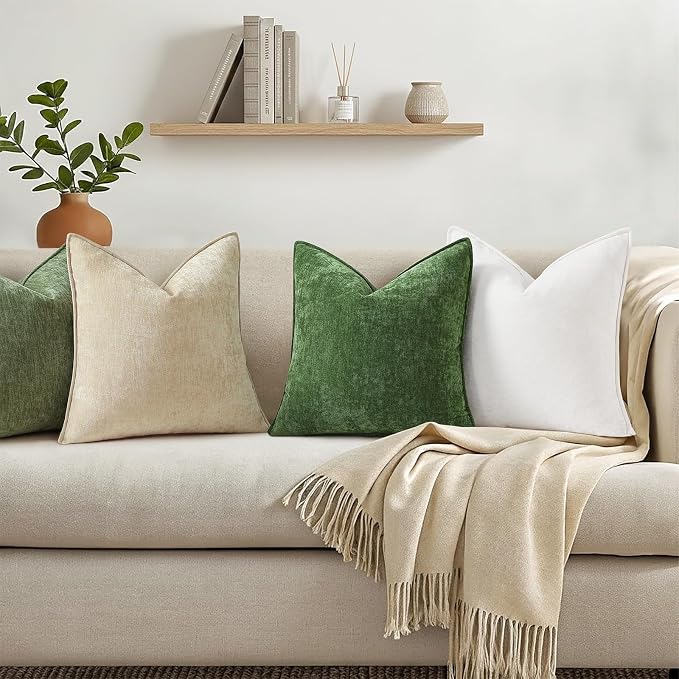 decorUhome Chenille Moss Green Velvet Throw Pillow Covers 18x18 Set of 2 | Fall Soft Couch Decorative Modern Farmhouse Pillow Cases with Elegant Design for Sofa Bed Living Room Home Decor