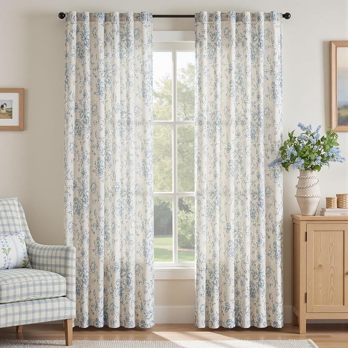 jinchan Blue Floral Linen Curtains 84 Inch Farmhouse Back Tab 2 Panels | Light filtering drapes, semi sheer, farmhouse, cottagecore, rustic, living room, bedroom, rod pocket, window treatment