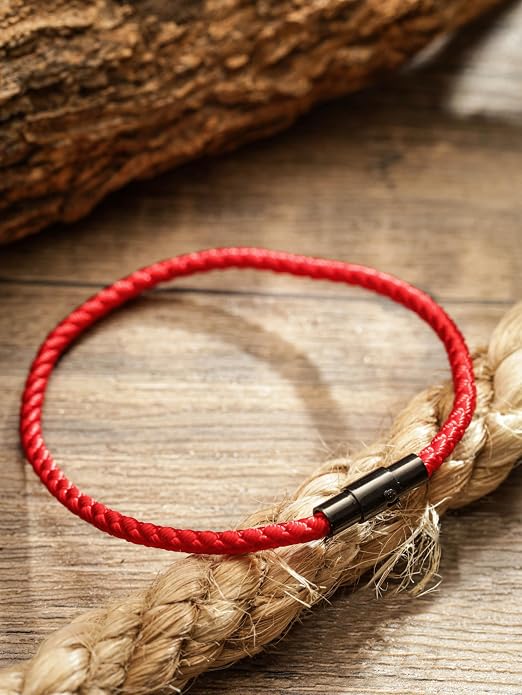 HAQUIL Red Lucky Paracord and Rope Anchor Black Leather Bracelets, Durable Unisex Braided Cord with Stainless Steel Closure