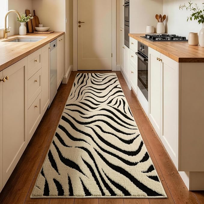 YIHOUSE 2×8 Ft Hallway Runner Rugs: Washable Zebra Striped Kitchen Rug Nonslip - Modern Black and Cream White Carpet Runner for Entryway Bedroom Bathroom Home Decor | Black and Cream White Stripe, Textured High Low Pile, Fluffy Soft, Carpet Runner for ...