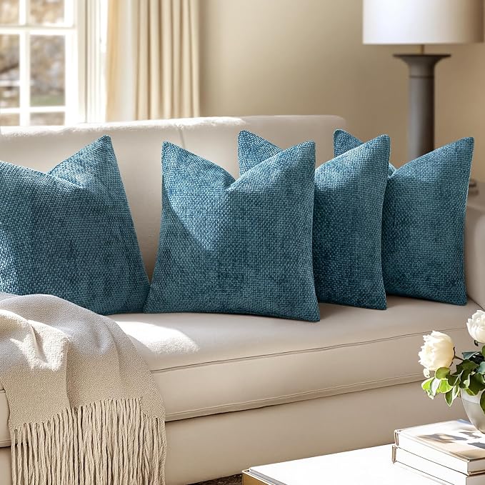 MIULEE Pack of 4 Couch Throw Pillow Covers 18x18 Inch Smoke Blue Soft Decorative Chenille Pillow Covers Farmhouse Accent Cushion Covers for Boho Spring Home Decor Sofa Bedroom Living Room