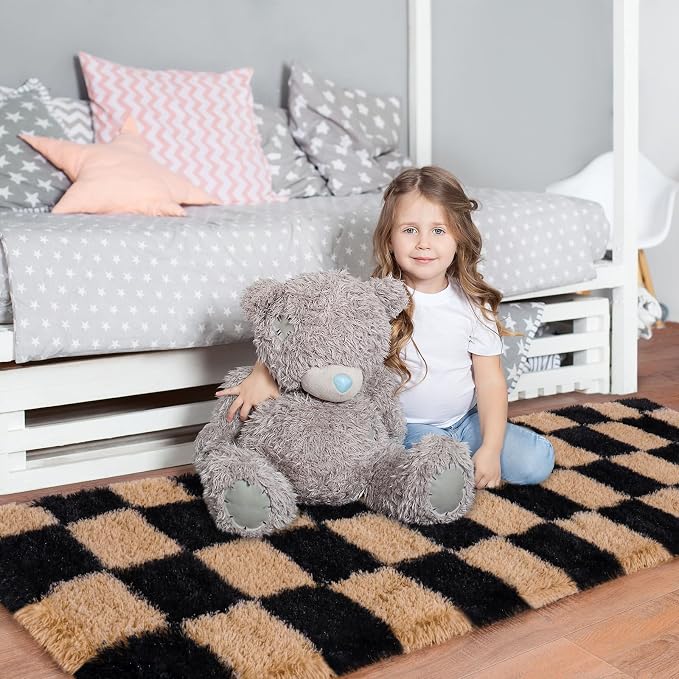 Pionblank Checkered Rug for Bedroom 2x6, Modern Fluffy Runner Rugs for Living Room, Super Soft Shaggy Bedside Carpet for Kids Room Nursery Teens Dorm Decor, Black and Beige