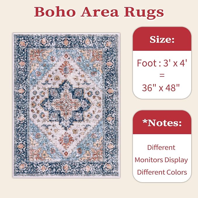 SERISSA Boho Area Rugs for Entryway, 3x4 Washable Non-Slip Kitchen Rug, Ultra Soft Print Distressed Blue Orange Rug Low-Pile Throw Door Mat Indoor Entrance Carpet for Bedroom Living Room Dorm Decor