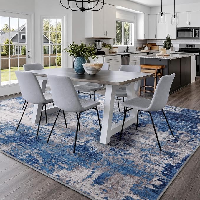 RELEANY Washable Area Rugs 10'x14' Non-Slip Modern Abstract Soft for Living Room Entryway Bedroom Kitchen, Print Pattern, Blue Grey Navy Gray