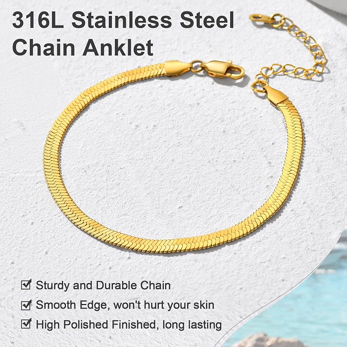 GoldChic Adjustbale Link Chain Anklet for Women Summer Jewelry, 316L Stainless Steel Figaro/Wheat/Twist Rope/Cuban Foot Bracelet-Waterproof, Resizable 9"-12" (Gift Box Included)