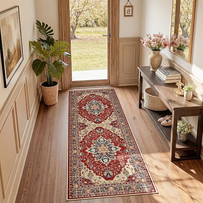 RELEANY Area Rugs Runner 2'x5' Washable Non-Slip, Floral Vintage Distress Medallion Carpet for Kitchen Hallway Bedroom Beside Laundry Room Bathroom, Red Blue
