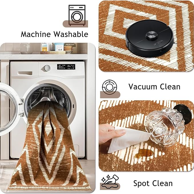 Boho Area Rugs 4x6ft Non Slip, Brown Washable Rug for Living Room, Soft Bedroom Carpet, Low Pile Moroccan Area Floor Carpets for Dining Room Kids Nursery Farmhouse