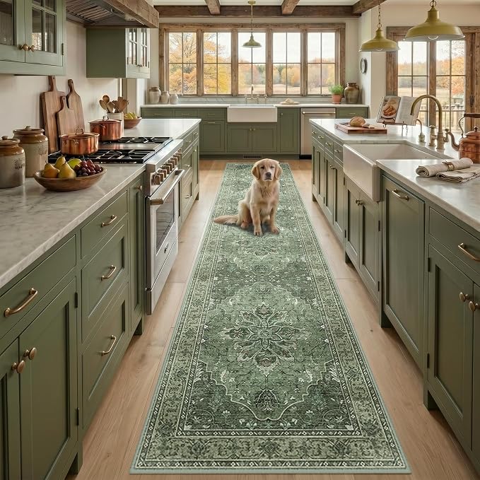 RELEANY Area Rugs Runner 2'x9' Washable Non-Slip, Floral Vintage Distress Medallion Carpet for Kitchen Hallway Bedroom Beside Laundry Room Bathroom, Dark Green Gray