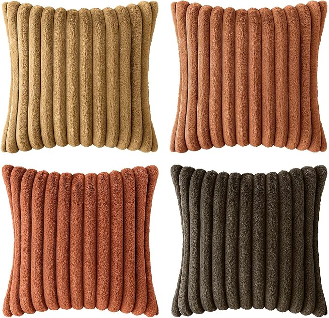 MIULEE Fall Faux Fur Plush Decorative Throw Pillow Covers 18x18 Set of 4, Boho Farmhouse Soft Fuzzy Striped Cushion Covers for Sofa Couch Bed Living Room Vintage Home Decor,Rust Orange