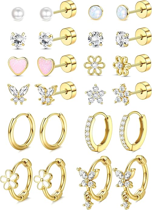 LOLIAS Hypoallergenic Flat Back Earrings for Women Girls-Cute Toddler Kids Teen Girls Earring Set-Surgical Steel Earrings for Sensitive Ears-14K Gold Plated Stainless Steel Flatback Studs Screw Back Small Hoop Cartilage Earring Stacks