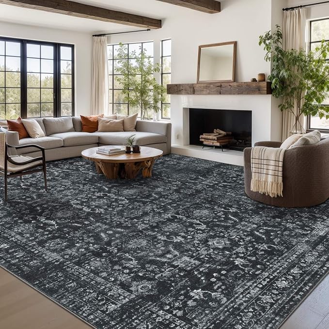 Rugxara Black 9x12 Area Rugs for Living Room Bedroom Large Washable Rug | Non Slip, Rug for Dining Room Office Farmhouse, Stain Resistant, Soft, Low Pile, Vintage Boho Retro Carpet, Home Decor