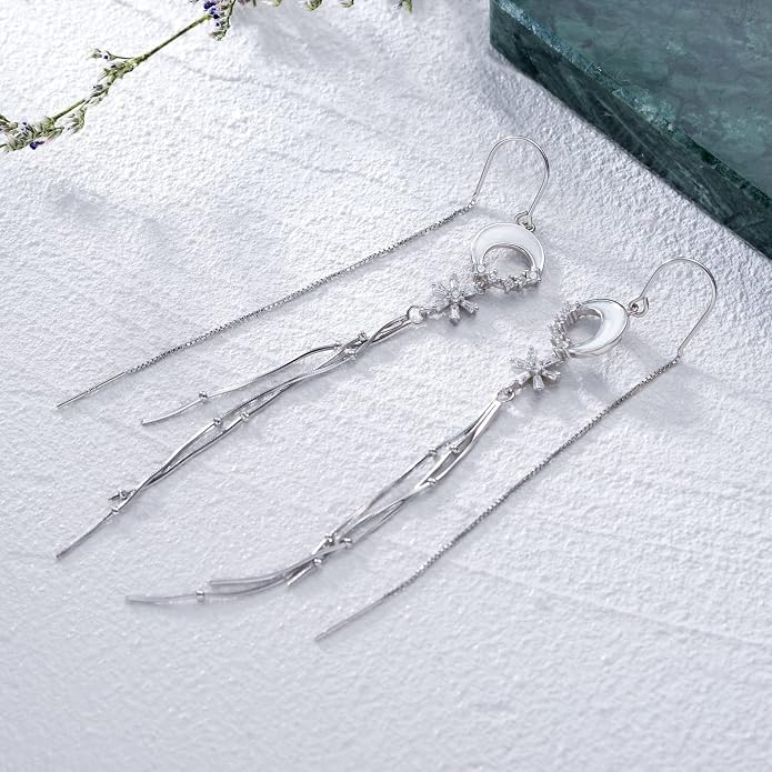 VONALA Moon Star Threader Earrings Sterling Silver Long Earrings for Women Hypoallergenic Tassel Chain Earrings for Teen Girls