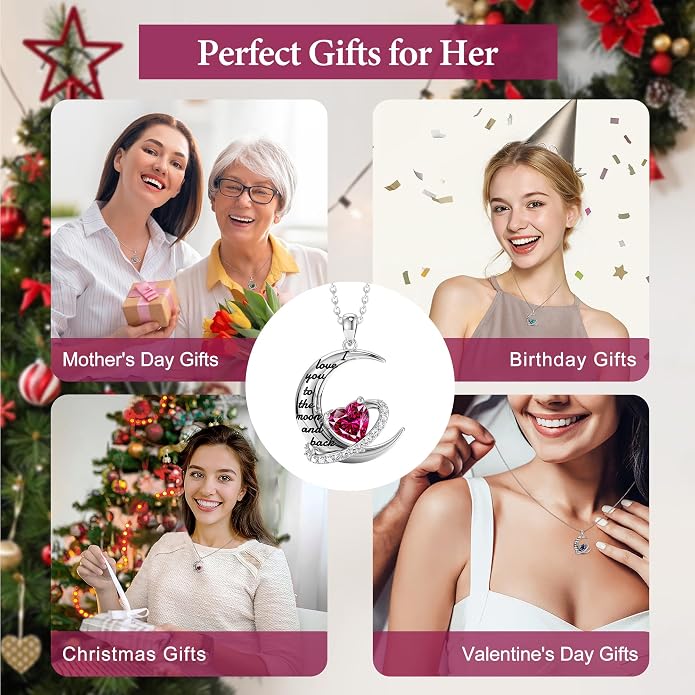 Distance I Love You to The Moon and Back Necklace for Women, S925 Sterling Silver Forever Love Heart Birthstone Necklace, Anniversary Birthday Jewelry for Wife Lover