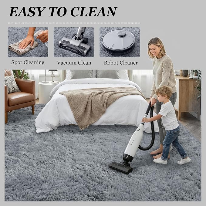 Fluffy Area Rugs 9x12 Living Room Bedroom: Ultra Soft Shag Rug Upgrade Non-Slip Non-Shedding Large Fuzzy Plush Carpet Indoor Floor Carpets for Kids Room Playroom Nursery Dorms Home Decor Light Gray
