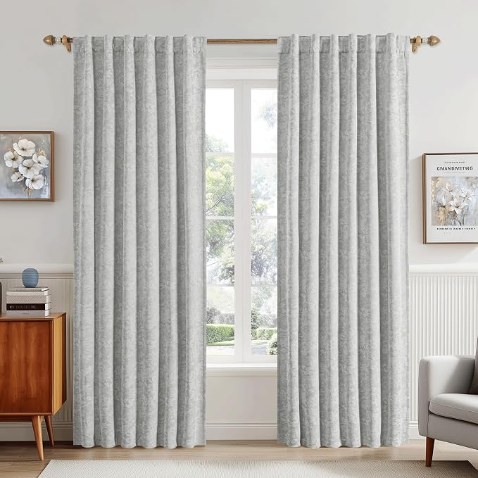 Beauoop Grey Floral Jacquard Blackout Curtains for Bedroom 52x72 2 Panels | Flower Chenille Room Darkening Drapes for Living Room 72 Inch Long Thermal Insulated Soundproof Window treatment Rod Pocket