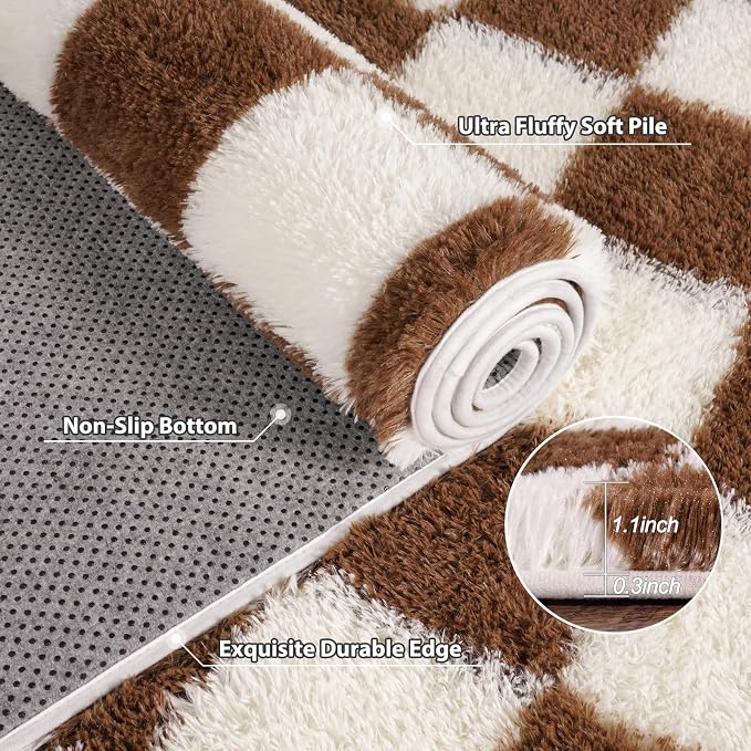 Pionblank 9x12 Area Rug, Large Fluffy Checkered Rugs for Living Room, Shag Rug for Bedroom, Soft Non Slip Shag Carpet for Kids Room Nursery Home Decor, Brown and Cream White