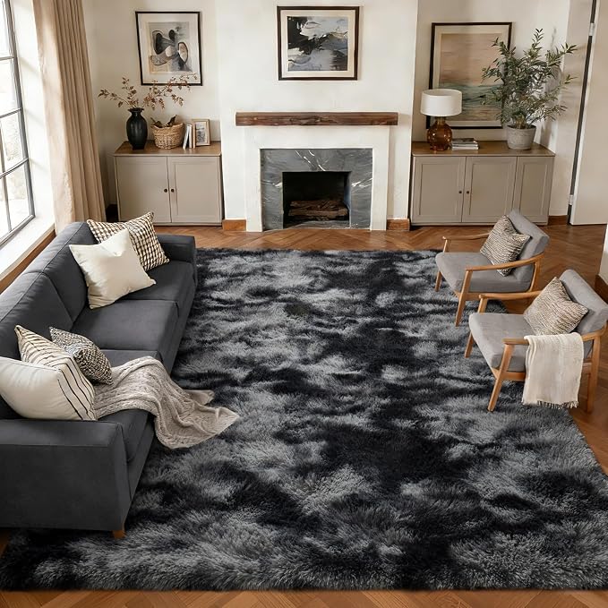 Extra Large 8x10 Area Rugs for Living Room Decor, Non-Slip Shaggy Tie-Dyed Rugs for Bedroom Kids Playroom Dorm Room, High Pile Ultra Soft Carpet, Dark Grey