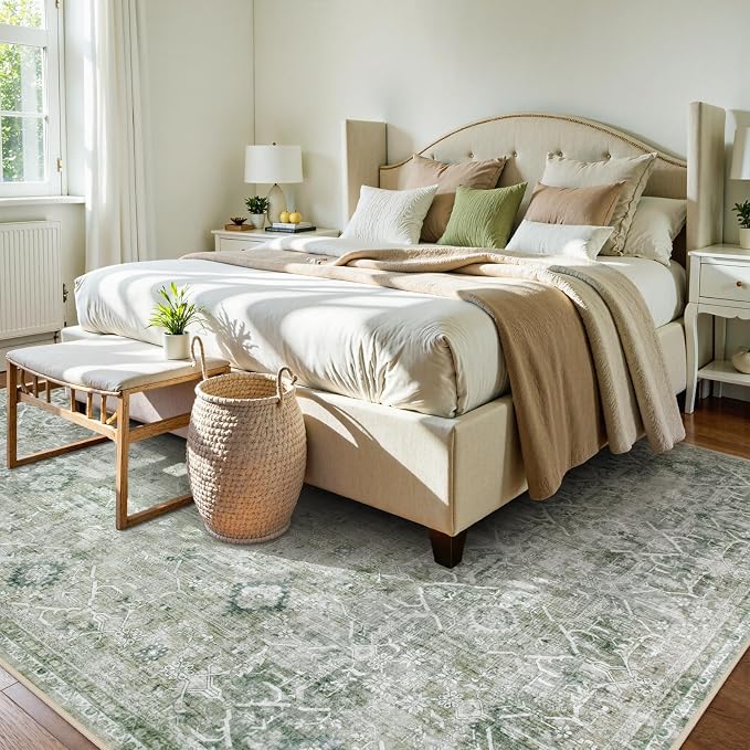 Collive Large Green Area Rug for Living Room 9x12, Washable Area Rug Non Slip Vintage Farmhouse Bedroom Carpet Stain Resistant Ultra-Thin Low Pile Aesthetic Print Floor Rug for Dining Guest Office