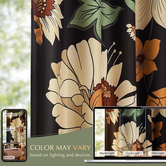 jinchan Black Boho Floral Blackout Curtains W100xL96 Grommet 1 Panel | Room darkening, Vintage, living room, bedroom, privacy, floral print, flower pattern, fall decor, window treatments