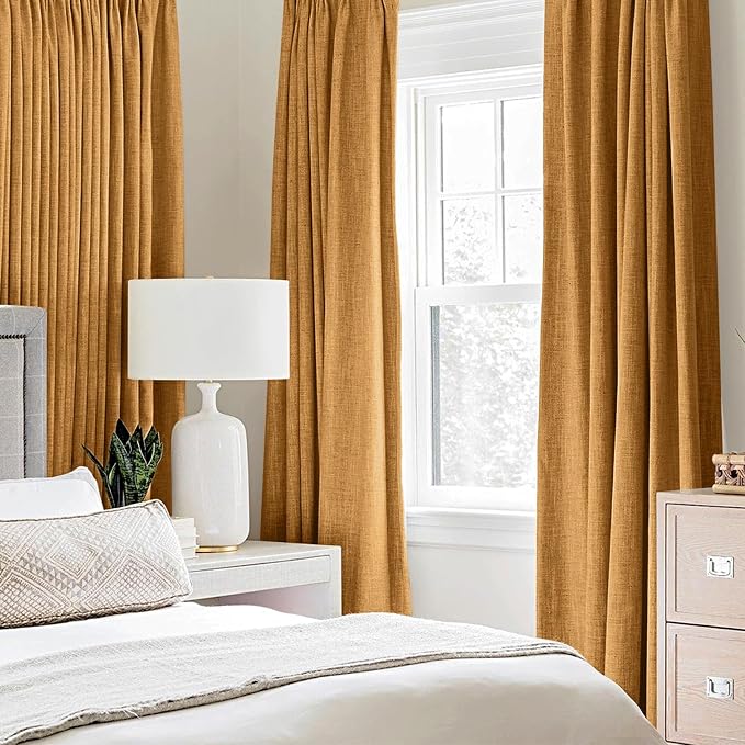 MIULEE 100% Blackout Linen Textured Curtains for Bedroom Solid Thermal Insulated Mustard Yellow Grommet Room Darkening Curtains & Drapes Luxury Decor for Living Room 52 x 96 Inch (2 Panels)