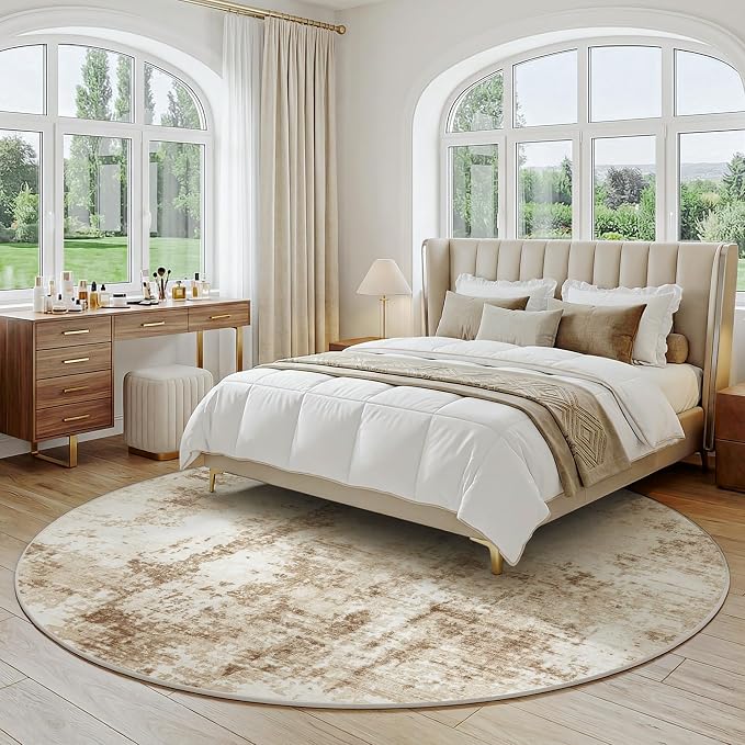 FMFUNCTEX 5ft Round Washable Area Rug Brown Beige Abstract Modern Neutral Non Slip Carpet for Living Room Bedroom Soft Low Pile Indoor Mat Contemporary Thin Rug for Dining Room Office Nursery Bedside