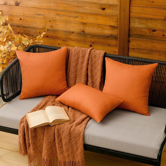 MIULEE Pack of 2 Decorative Outdoor Solid Waterproof Throw Pillow Covers Faux Linen Garden Farmhouse Cushion Cases for Summer Patio Tent Balcony Couch Sofa 20x20 Inch Orange