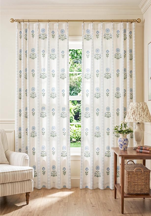 THREE GIRLS Pinch Pleated Light Filtering Linen Blend Floral Block Print Curtains for Living Room, Bedroom, Modern Farmhouse, Memory Trained, Hooks, 2 Panels Set, 40"x90", Blue
