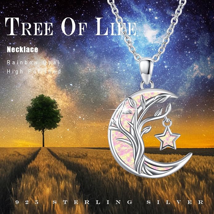 Christmas Gifts Tree of Life/Celtic/Moon Necklace 925 Sterling Silver Moon Pendant Abalone/Opal jewelry for Women Sister Christmas Gifts