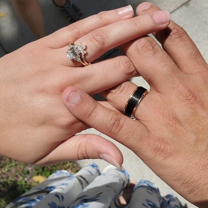 TRUMIUM 6mm 8mm Tungsten Rings for Men Women Black Wedding Band 24K Gold Plated/Rose Gold Plated Step Edges Comfort Fit Size 6-13