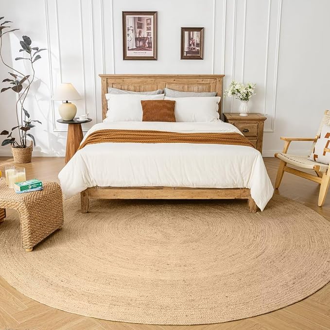 Shatex White Round Rug 3 Feet, Hand Braided Textured Jute Rug Rustic Style for Home Decor, Bedroom, Living Room, 100% Natural Jute Fiber, Natural