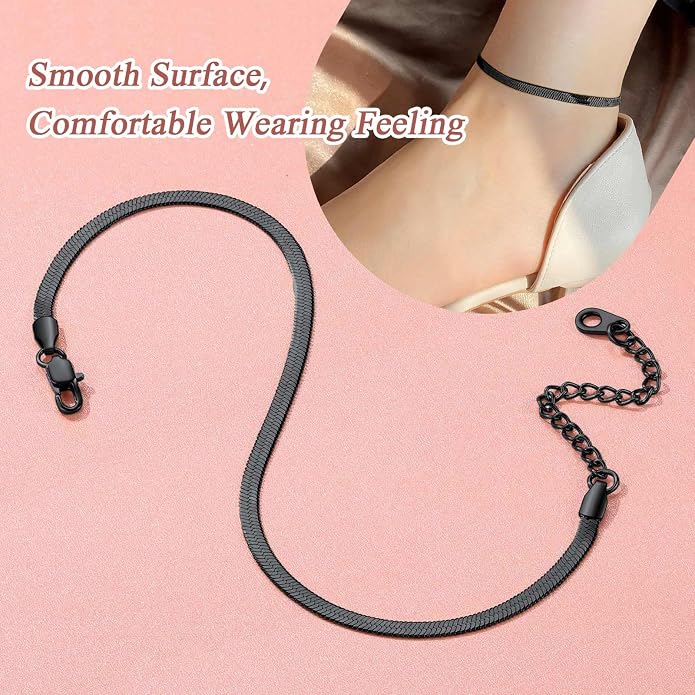 FindChic Elegant Herringbone Snake Chain Anklets/Bracelets 3MM/5MM Width Stainless Steel/18K Gold/Rose Gold Plated/Black 4 Color Options, 8.3'' 8.5'' 10.5'' Length, with Gift Box