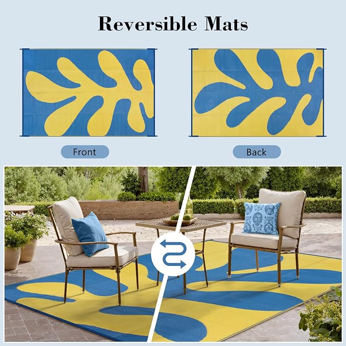 Lahome Sea Coral 9x12 Picnic Beach Rug, Reversible Outdoor Pool Rv Camping Rug, Waterproof Plastic Straw Blue and Yellow Mats for Outside Camping Patio Deck, Blue 9'x12'