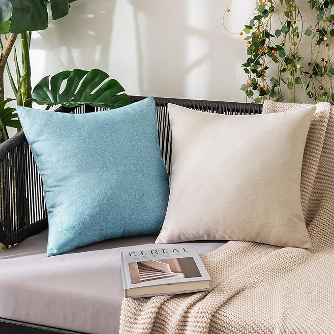 MIULEE Pack of 2 Decorative Outdoor Solid Waterproof Throw Pillow Covers Faux Linen Garden Farmhouse Coastal Cushion Cases for Summer Patio Tent Balcony Couch Sofa 20x20 Inch Blue Gray