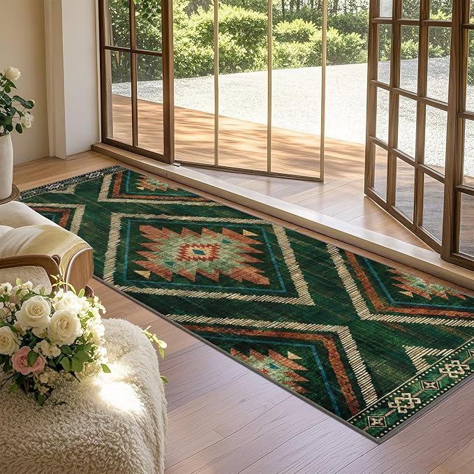 Boho 2.6x8ft Runner Rugs for Hallway Kitchen Non Slip, Long Green Geometric Washable Entryway Rug Runners Low Pile, Soft Vintage Indoor Floor Carpet for Doorway Bedroom Farmhouse Home Decor