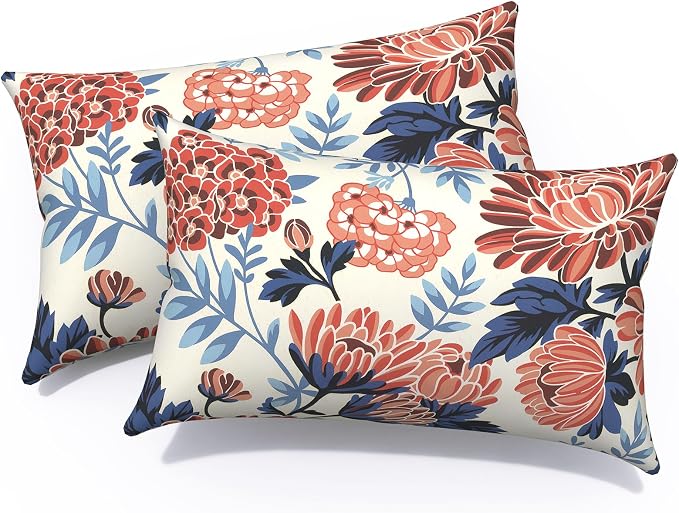 Outdoor Lumbar Pillows 12x20 Inch, Water Repellent Cushion Pillows, Outdoor Pillows with Inserts for Home Garden Pack of 2, Red Chrysanthemum