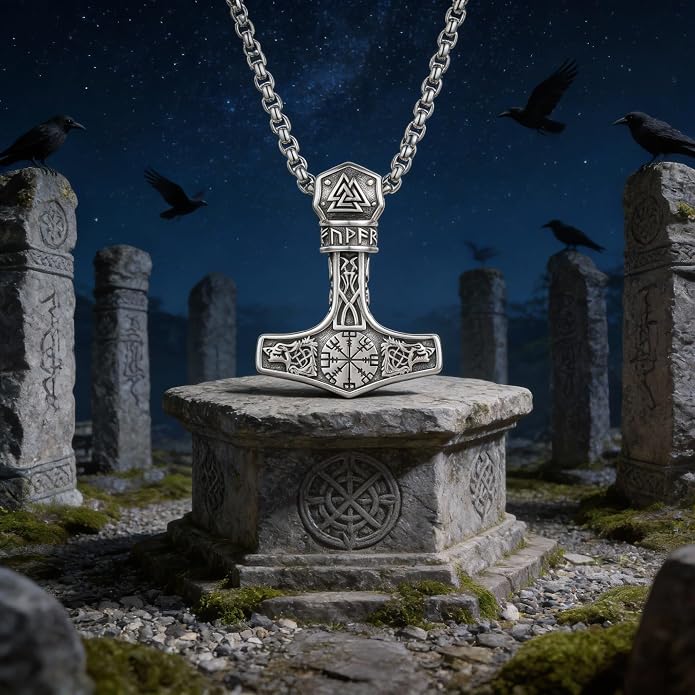 Thors Hammer Necklace 18K White Gold Plated Viking Mjolnir Necklace Oxidize Norse Runes Amulet Jewelry gifts for Women Mom