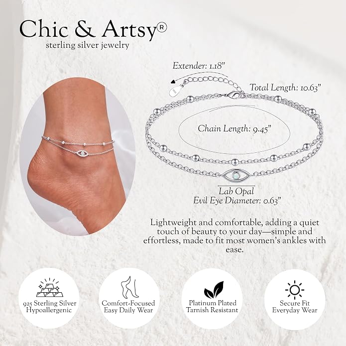 CHIC & ARTSY 925 Sterling Silver Ankle Bracelets for Women, Adjustable Layered Foot Chains with Nature & Symbol Charms, Lightweight Comfort Fit Boho Beach Everyday Jewelry