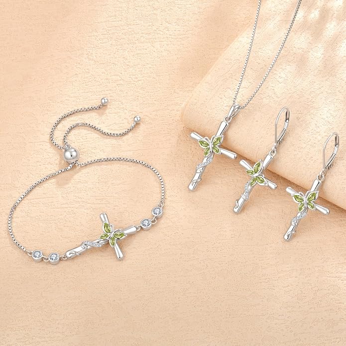 Cross Necklace for Women 925 Sterling Silver Butterfly Necklace Birthstone Pendant Created Gemstone Jewelry Gifts for Women