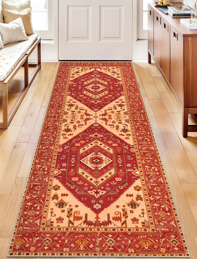 SERISSA Boho Washable Runner Rug, 2x6 Rug Runner Non-Slip Vintage Red Hallway Kitchen Runner Rug Ultra Soft Print Distressed Floor Carpet Runner for Bedroom Bathroom Laundry Living Room