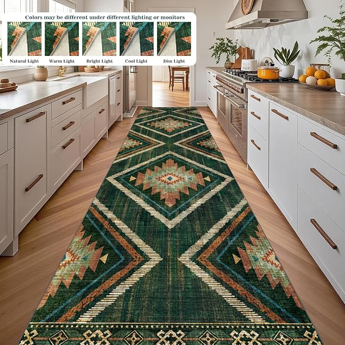 Boho Runner Rugs for Hallway 3x14Ft Non Slip, Long Wide Green Moroccan Washable Kitchen Rug Runner, Soft Geometric Entryway Floor Carpets for Entrance Doorway Home Office Decor
