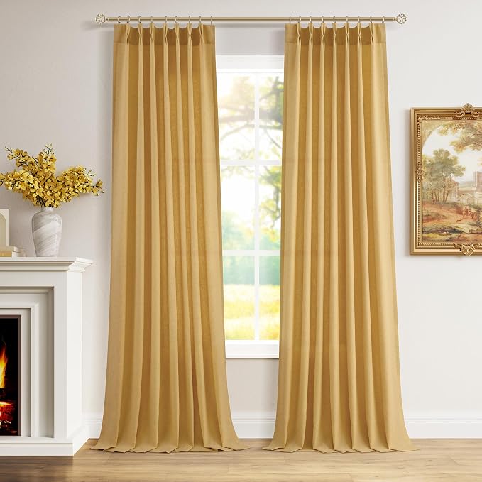 Aersas Gold Yellow Pinch Pleated Linen Curtains 90 Inch Length 2 Panels for Living Room Bedroom Semi Sheer Window Curtain Boho Neutral Back Tab Pinch Pleat Drape with Hooks 40x90