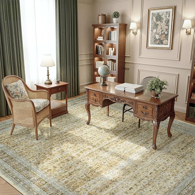 5x7 Area Rugs for Living Room Bedroom, Washable Large Rugs Non-Slip | Vintage Distressed Retro; Low Pile; Stain Resistant; Neutral Boho Carpet for Dining Room, Nursery, Home Office; Oatmeal Beige