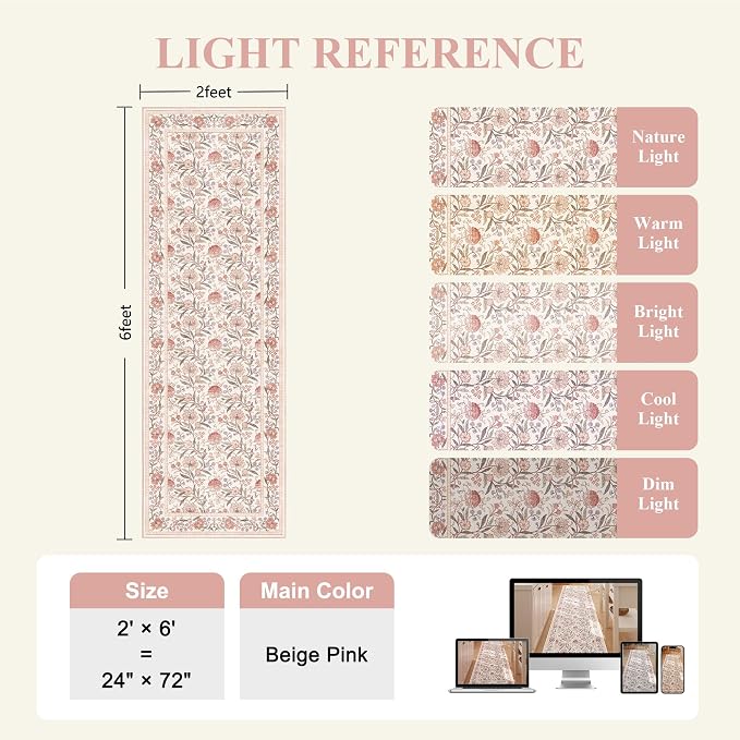 DUKINO 2x6 Runner Rug, Washable Vintage Floral Kitchen Rug, Beige Pink | Non Slip, Low Pile, Non-Shedding, Stain Resistant Soft Carpet Runner for Hallway Bathroom Entryway Bedroom Laundry Farmhouse